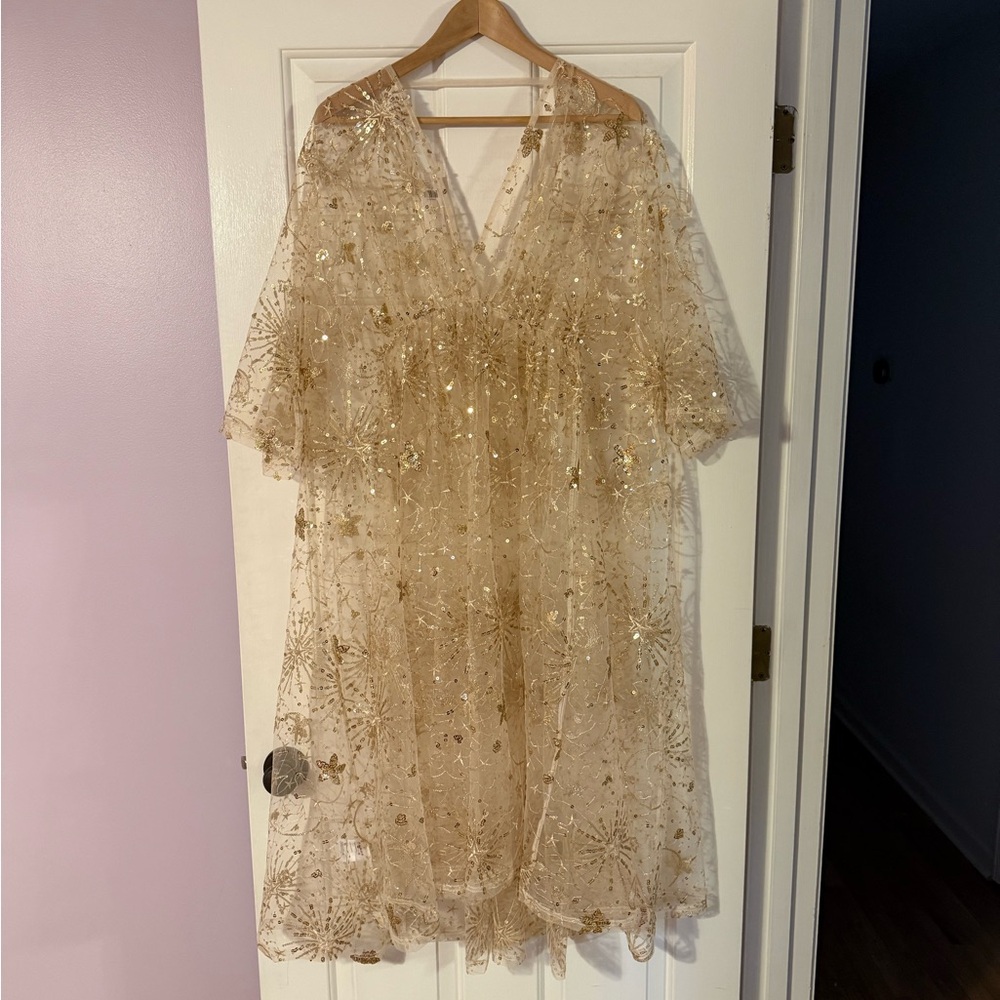Gold Sequin Moon and Star Sheer Dress